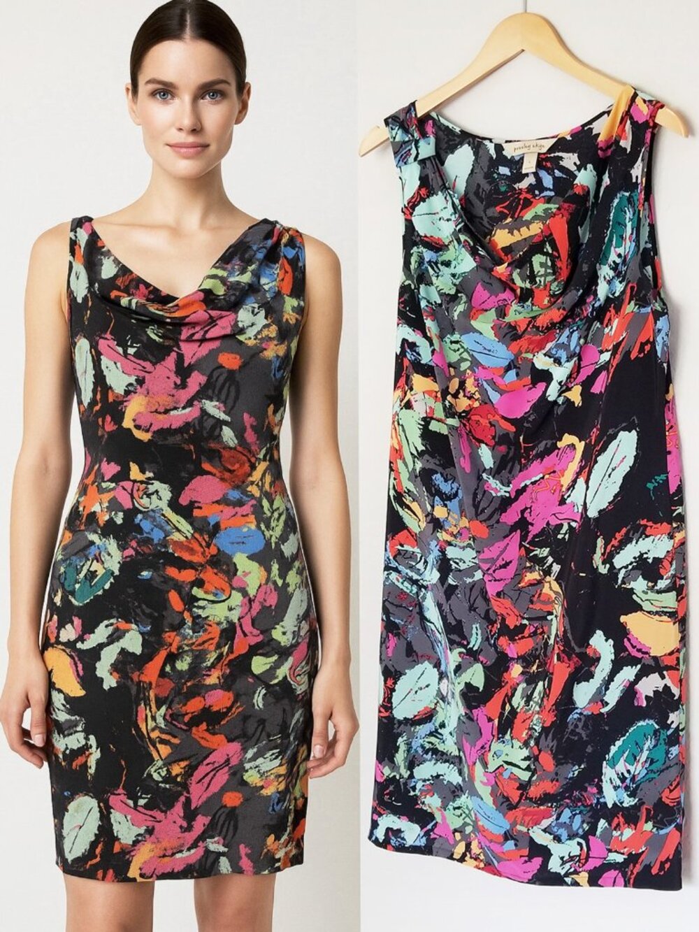 Presley Skye Vintage Cowl Neck 100% Silk Abstract Floral Shift Dress L Colorful